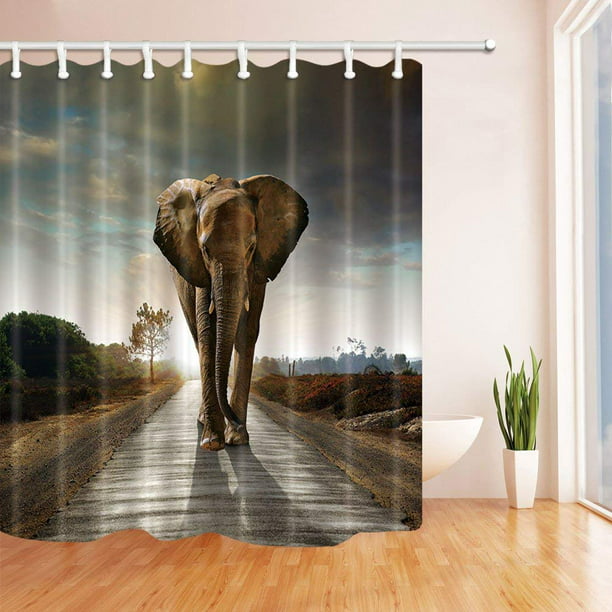 Waterproof Fabric Sun Elephant Walking in a Road Bathroom Mat Shower Curtain Set